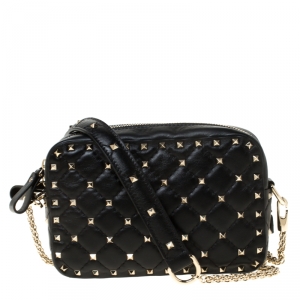 Pre Owned Valentino Black Quilted Leather Rockstud Spike Crossbody Bag