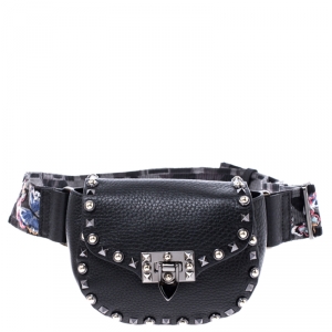Pre Owned Valentino Black Leather Guitar Rockstud Rolling Belt Bag