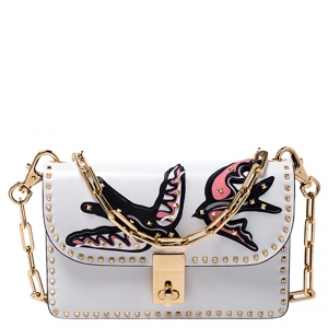Pre Owned Valentino White Leather Bird Embroidered Studded Shoulder Bag