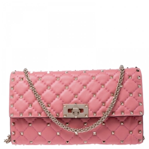 Pre Owned Valentino Paradise Rose Quilted Soft Leather Rockstud Spike Chain Clutch Bag