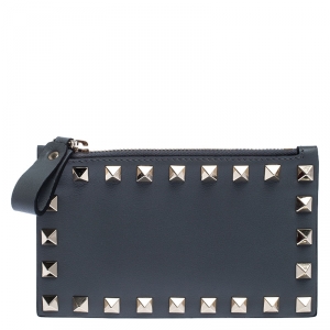 Pre Owned Valentino Dark Grey Leather Rockstud Coin Purse