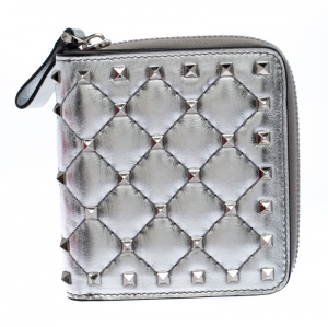 Pre Owned Valentino Silver Leather Rockstud Spike Zip Around Wallet