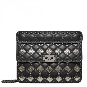 Pre Owned Valentino Black Leather with Metal Rhombus Detail Medium Rockstud Spike.It Chain Shoulder Bag
