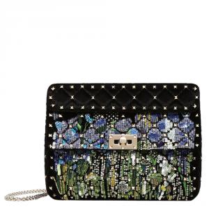 Pre Owned Valentino Black Embroidered Velvet Medium Rockstud Spike.It Chain Shoulder Bag