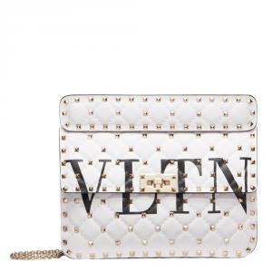 Pre Owned Valentino White Leather VLTN Medium Rockstud Spike.It Chain Shoulder Bag