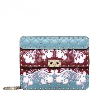 Pre Owned Valentino Multicolor Embroidered Leather Medium Rockstud Spike.It Chain Shoulder Bag