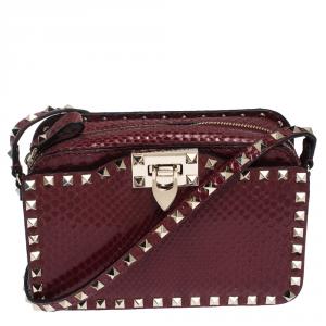 Pre Owned Valentino Red Python Rockstud Crossbody Bag