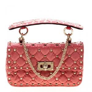 Pre Owned Valentino Light Poppy Quilted Patent Leather Small Rockstud Spike Chain Shoulder Bag
