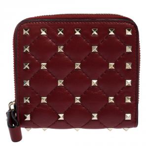 Pre Owned Valentino Rosso V. Soft Leather Rockstud Spike Compact Wallet