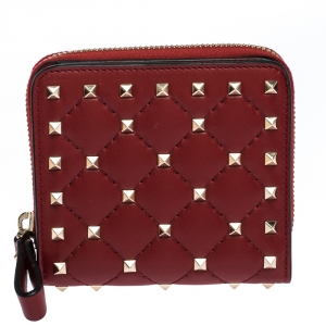 Pre Owned Valentino Red Leather Rockstud Spike Compact Wallet 
