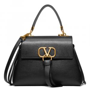 Pre Owned Valentino Black Leather Small VRING Top Handle Bag