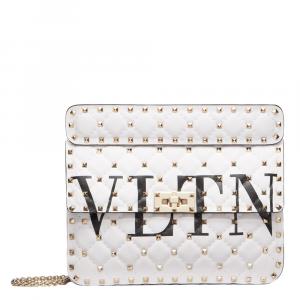 Pre Owned Valentino White Leather VLTN Medium Rockstud Spike.It Chain Shoulder Bag