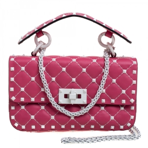 Pre Owned Valentino Pink Quilted Leather Small Rockstud Spike Chain Shoulder Bag