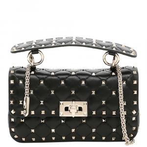 Pre Owned Valentino Garavani Black Leather Rockstud Spike Small Bag