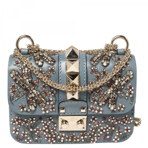 مملوكة مسبقًا Valentino Blue Leather Beads Embellished Mini Rockstud Glam Lock Shoulder Bag