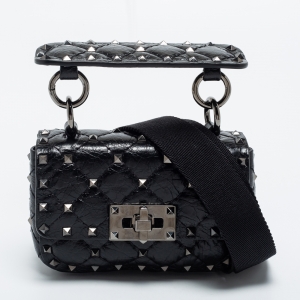 Pre Owned Valentino Black Leather Micro Rockstud Spike Top Handle Bag