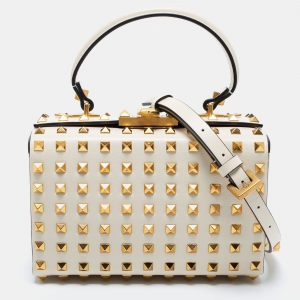 Pre Owned Valentino Off White Leather Rockstud Alcove Top Handle Bag