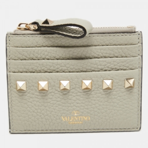 Valentino Light Grey Leather Rockstud Zip Card Holder
