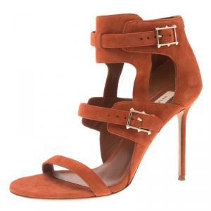 Pre Owned Valentino Orange Suede Buckle Detail Ankle Wrap Sandals Size 39.5