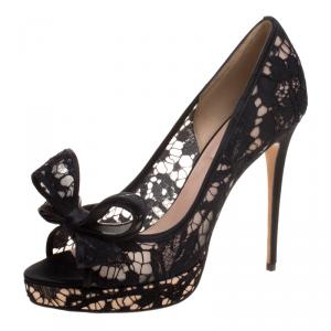 Pre Owned Valentino Black Floral Couture Bow Lace Peep Toe Platform Pumps Size 39