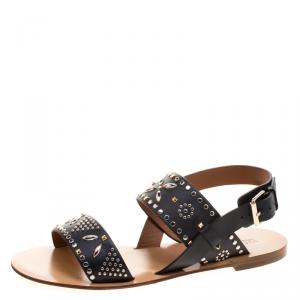 Pre Owned Valentino Black Embellished Leather Flat Sandals Size 38