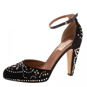 Pre Owned Valentino Black Leather And Embellished Suede Teodora Ankle Strap Platform Pumps Size 40