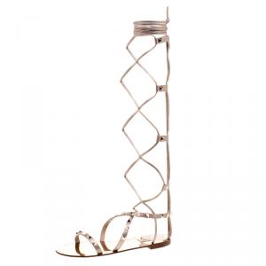 Pre Owned Valentino Metallic Bronze Leather Knee High Rockstud Gladiator Sandals Size 37