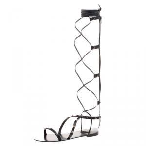 Pre Owned Valentino Black Leather Knee High Rockstud Gladiator Sandals Size 41