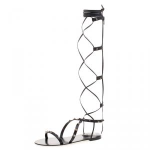 Pre Owned Valentino Black Leather Knee High Rockstud Gladiator Sandals Size 40.5