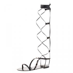 Pre Owned Valentino Black Leather Knee High Rockstud Gladiator Sandals Size 39