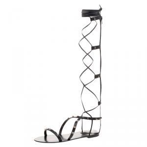 Pre Owned Valentino Black Leather Knee High Rockstud Gladiator Sandals Size 38
