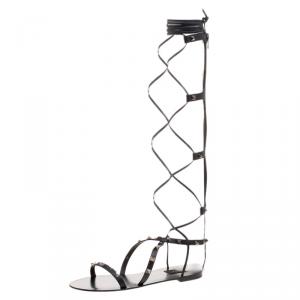 Pre Owned Valentino Black Leather Knee High Rockstud Gladiator Sandals Size 39.5