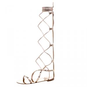 Pre Owned Valentino Metallic Bronze Leather Knee High Rockstud Gladiator Sandals Size 38