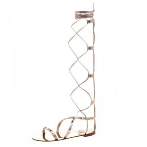 Pre Owned Valentino Metallic Bronze Leather Knee High Rockstud Gladiator Sandals Size 39.5