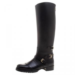 Pre Owned Valentino Black Leather Rockstud Strap Knee Length Biker Boots Size 37.5