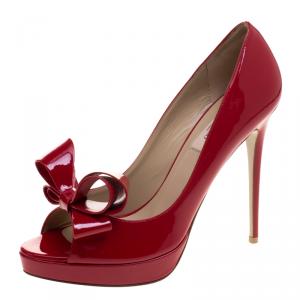 Pre Owned Valentino Red Patent Leather Couture Bow Peep Toe Platform Pumps Size 40