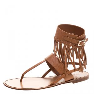 Pre Owned Valentino Brown Leather Fringe Detail Ankle Wrap Flat Sandals Size 38