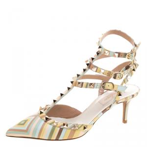 Pre Owned Valentino Native Couture 1975 Print Leather Rockstud Sandals Size 38