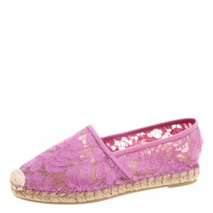Pre Owned Valentino Pink Lace and Leather Espadrilles Size 37