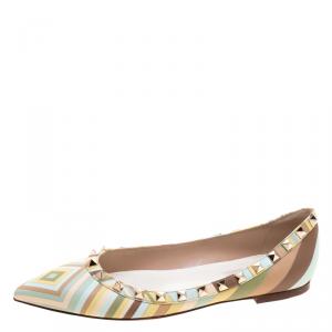 Pre Owned Valentino Native Couture 1975 Print Leather Rockstud Pointed Toe Ballet Flats Size 36.5