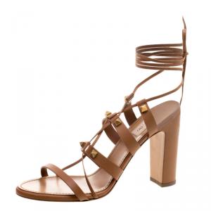 Pre Owned Valentino Brown Leather Rockstud Block Heel Gladiator Lace Up Sandals Size 40