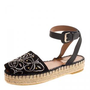 Pre Owned Valentino Black Embellished Suede and Leather Ankle Strap Espadrilles Size 39