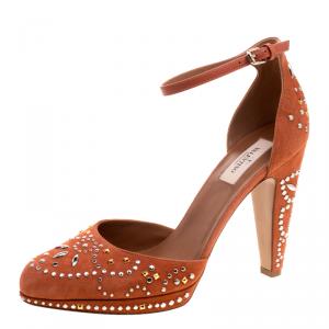 Pre Owned Valentino Orange Leather And Embellished Suede Teodora Ankle Strap Platform Pumps Size 40