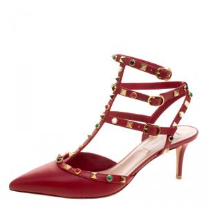 Pre Owned Valentino Red Leather Rolling Rockstud Sandals Size 39.5
