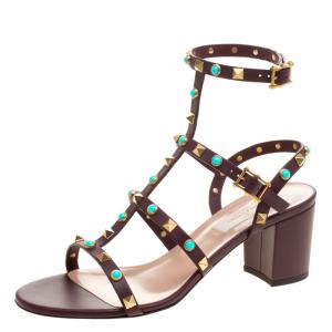 Pre Owned Valentino Mocha Brown Leather Rolling Rockstud Cabochon Gladiator Sandals Size 38