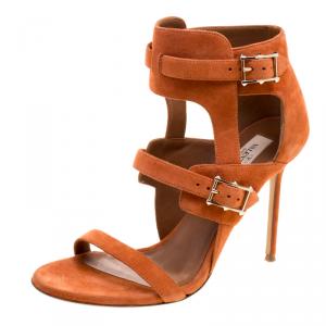 Pre Owned Valentino Orange Suede Buckle Detail Ankle Wrap Sandals Size 39.5