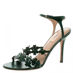 Pre Owned Valentino Green Leather Four Leaf Clover Appliquè Ankle Strap Sandals Size 40