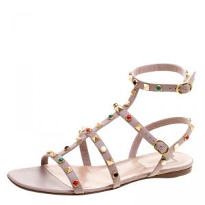Pre Owned Valentino Beige Leather Rolling Rockstud Flat Sandals Size 39