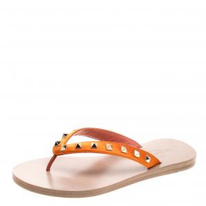 Pre Owned Valentino Orange Satin Rockstud Flat Thong Sandals Size 38
