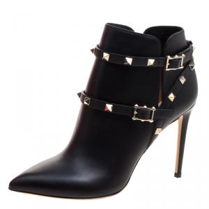 Pre Owned Valentino Black Leather Rockstud Pointed Toe Ankle Boots Size 39